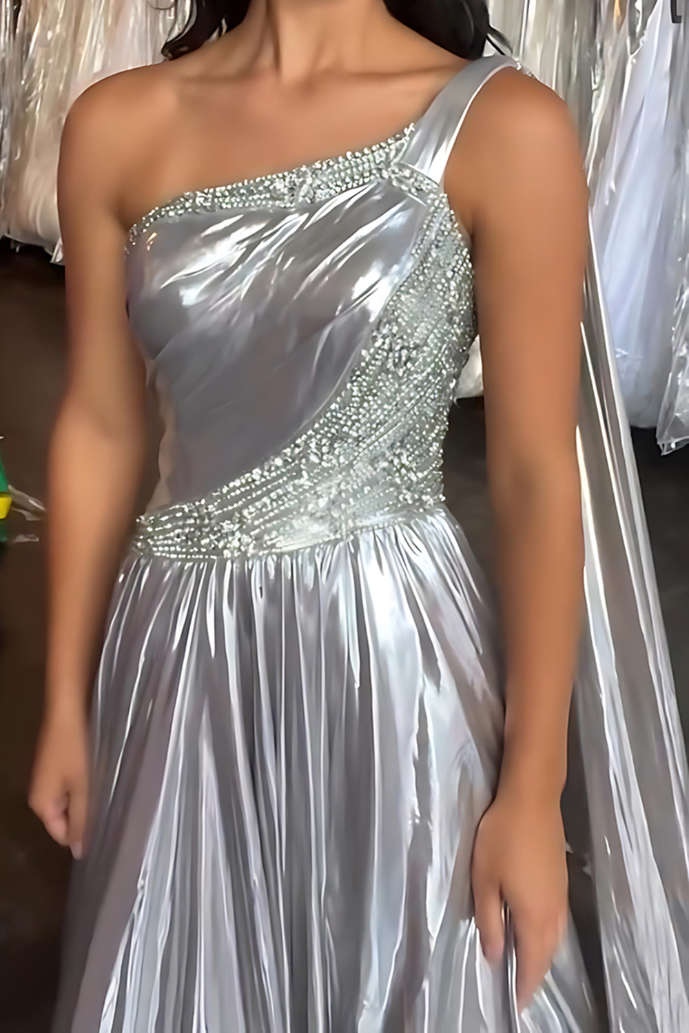 Sparkly Silver Metallic Beaded One Shoulder Long Prom Dress with Sash