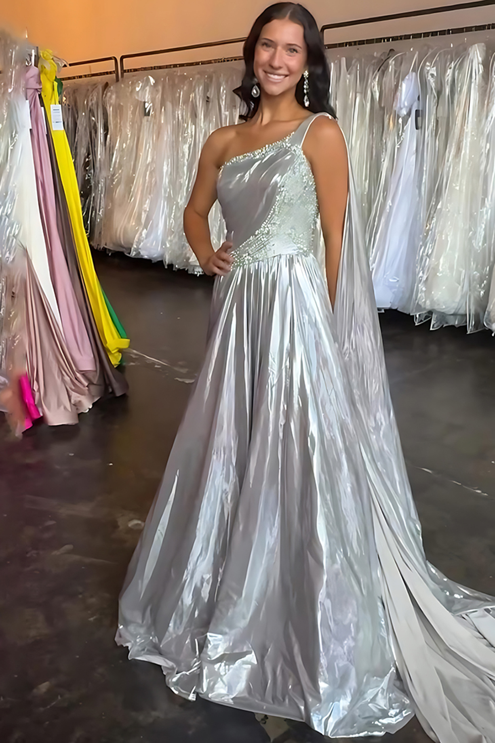 Sparkly Silver Metallic Beaded One Shoulder Long Prom Dress with Sash