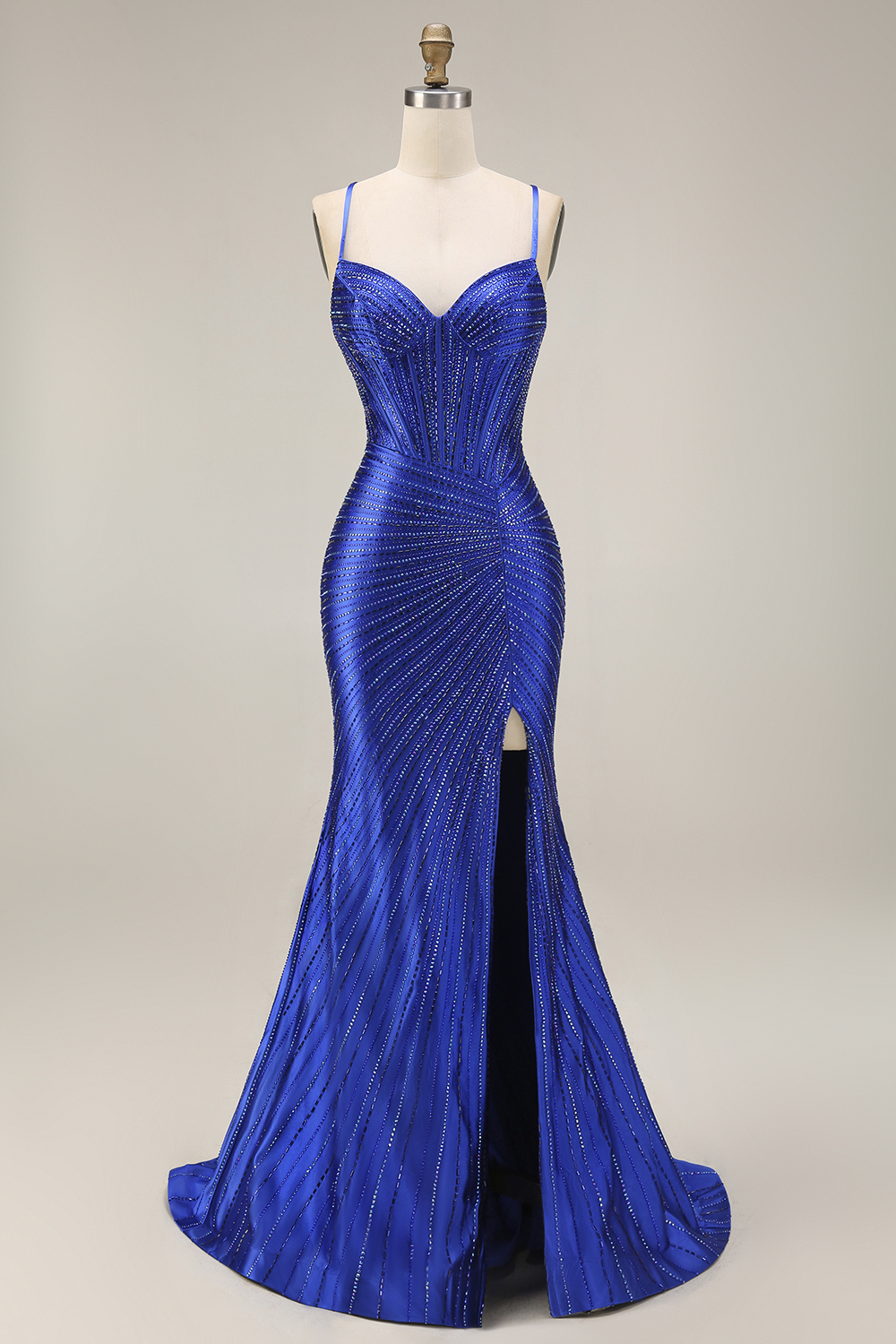 Sparkly Mermaid Royal Blue Beaded Corset Long Prom Dress with Slit