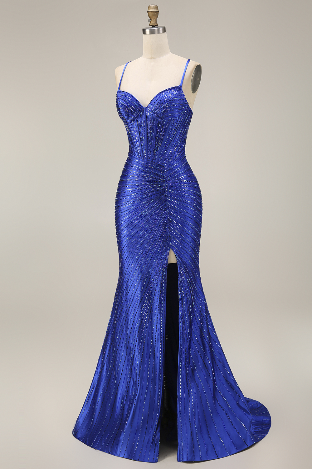 Sparkly Mermaid Royal Blue Beaded Corset Long Prom Dress with Slit