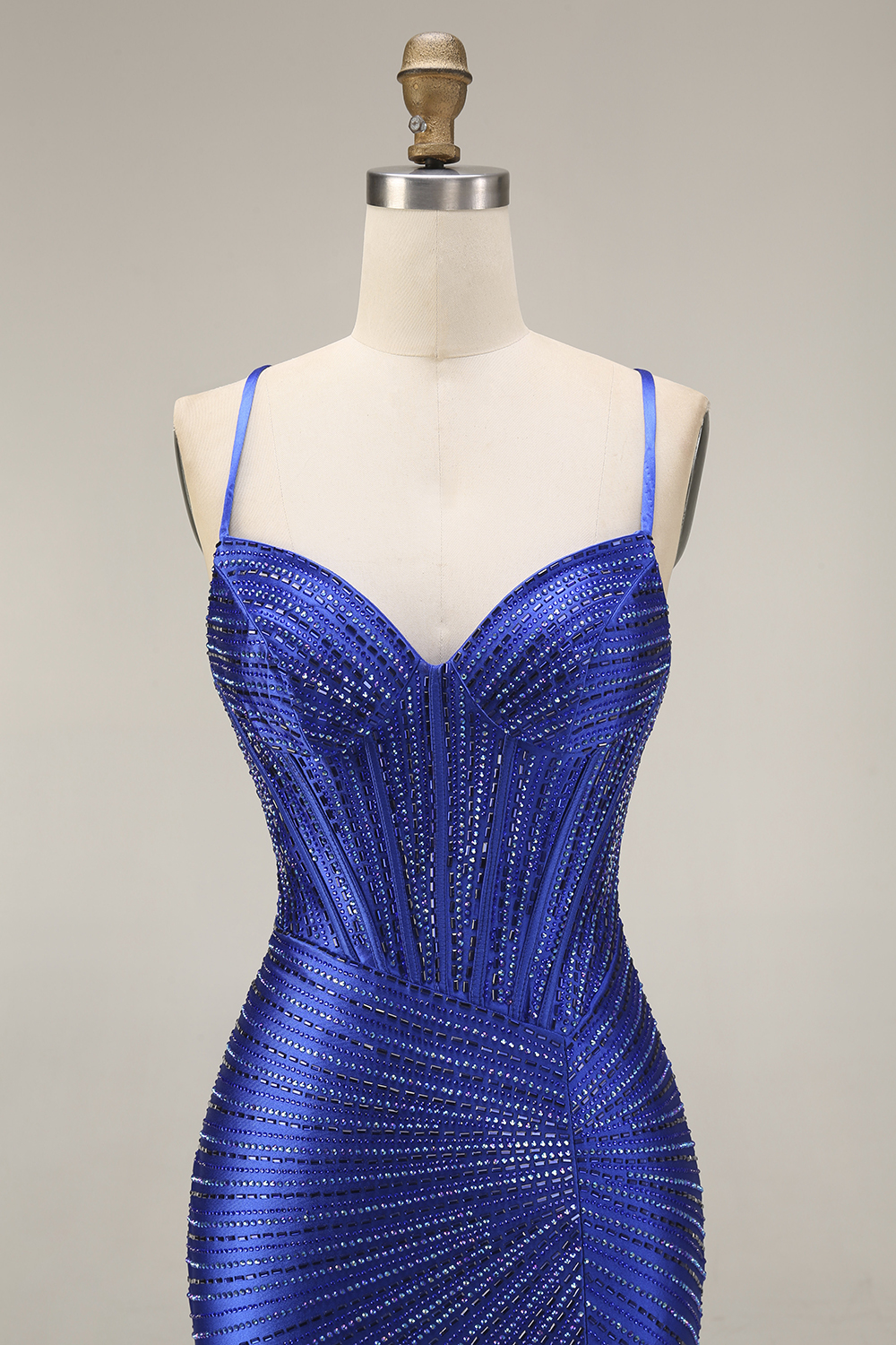Sparkly Mermaid Royal Blue Beaded Corset Long Prom Dress with Slit