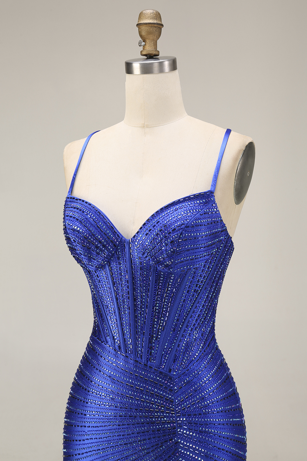 Sparkly Mermaid Royal Blue Beaded Corset Long Prom Dress with Slit