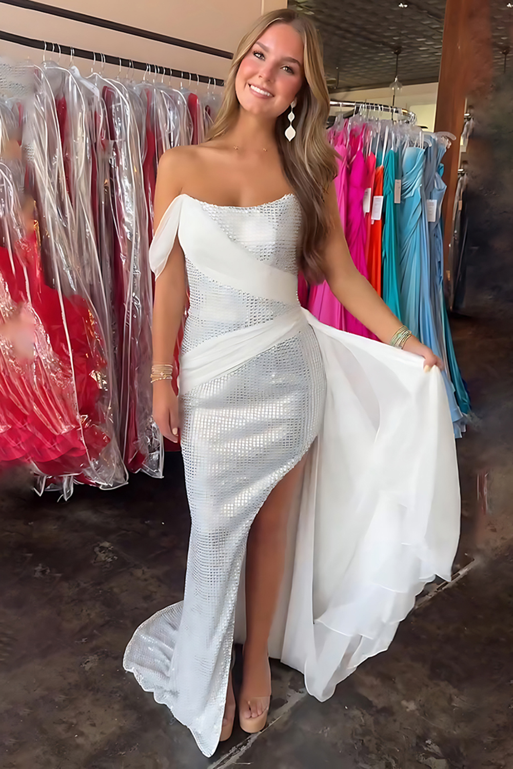 Sparkly White Sheath One Shoulder Beaded Long Prom Dress with Ruffles