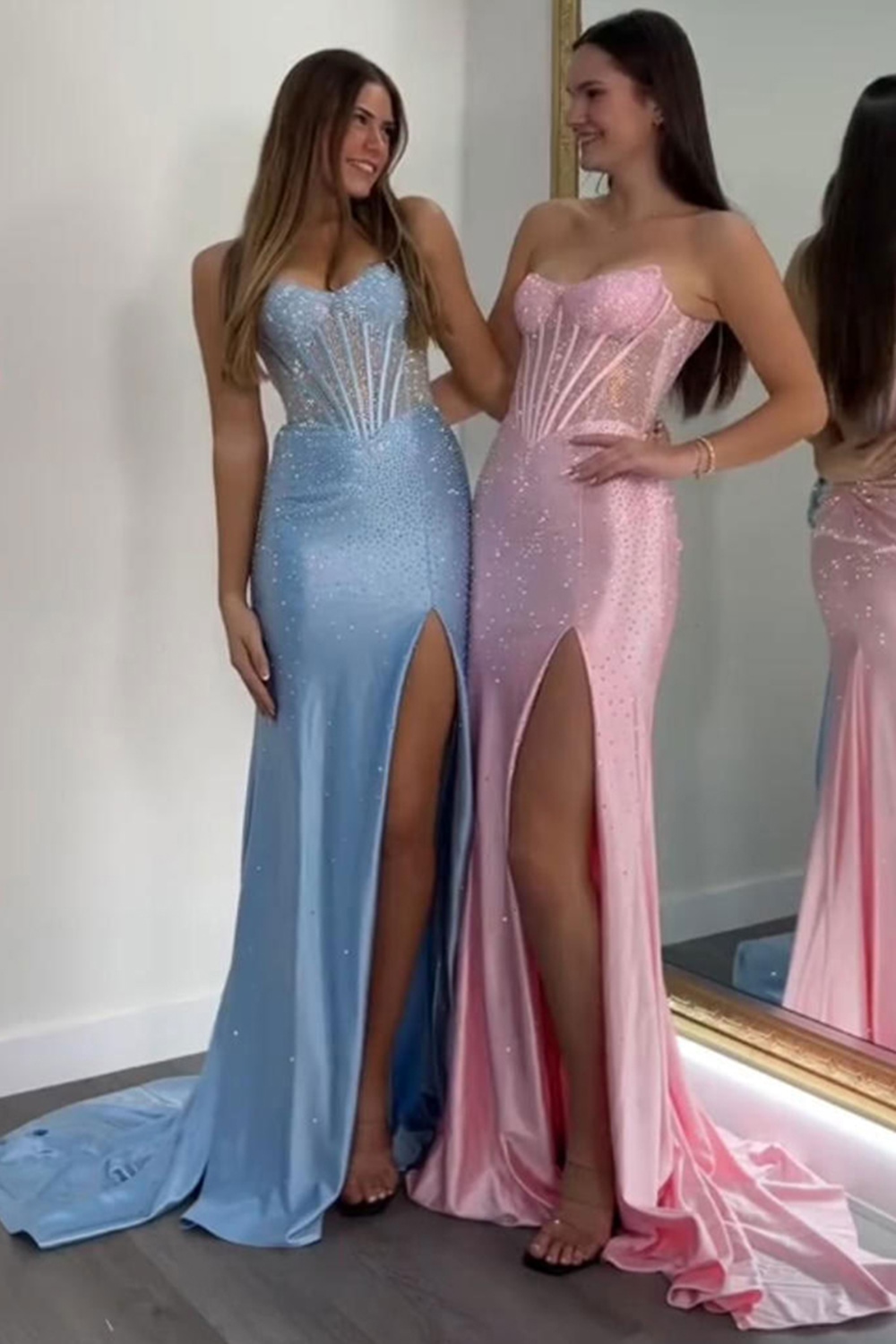 Sparkly Green Sheath Corset Strapless Long Prom Dress with Slit