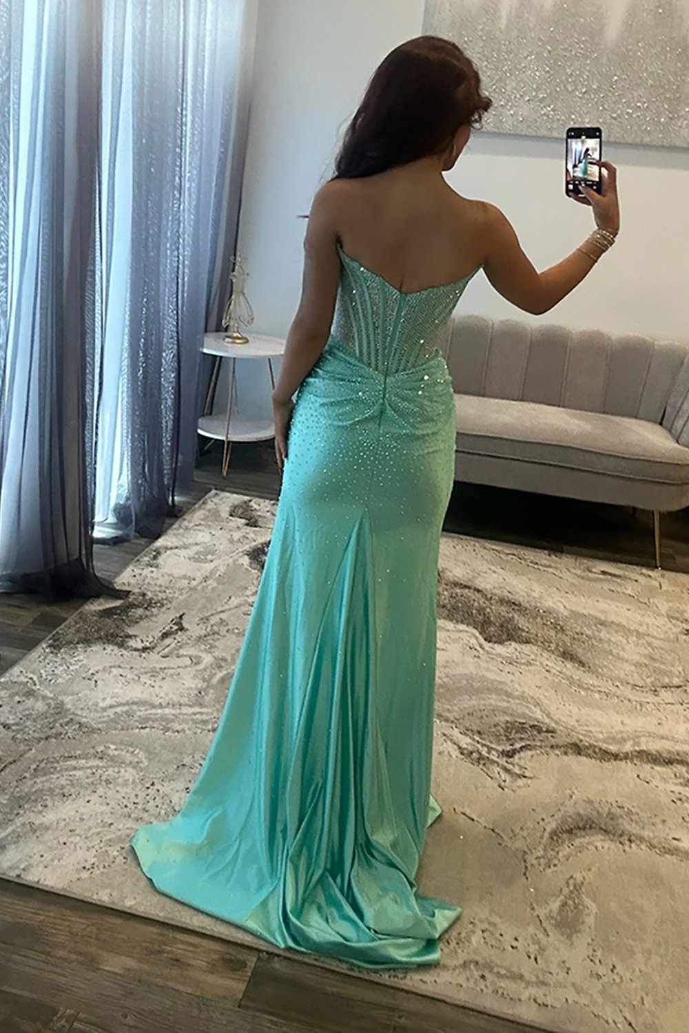 Sparkly Green Sheath Corset Strapless Long Prom Dress with Slit