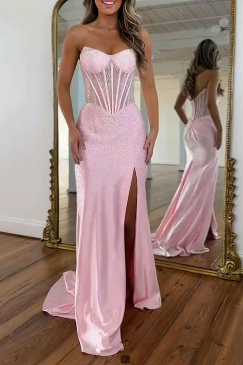 Sparkly Green Sheath Corset Strapless Long Prom Dress with Slit