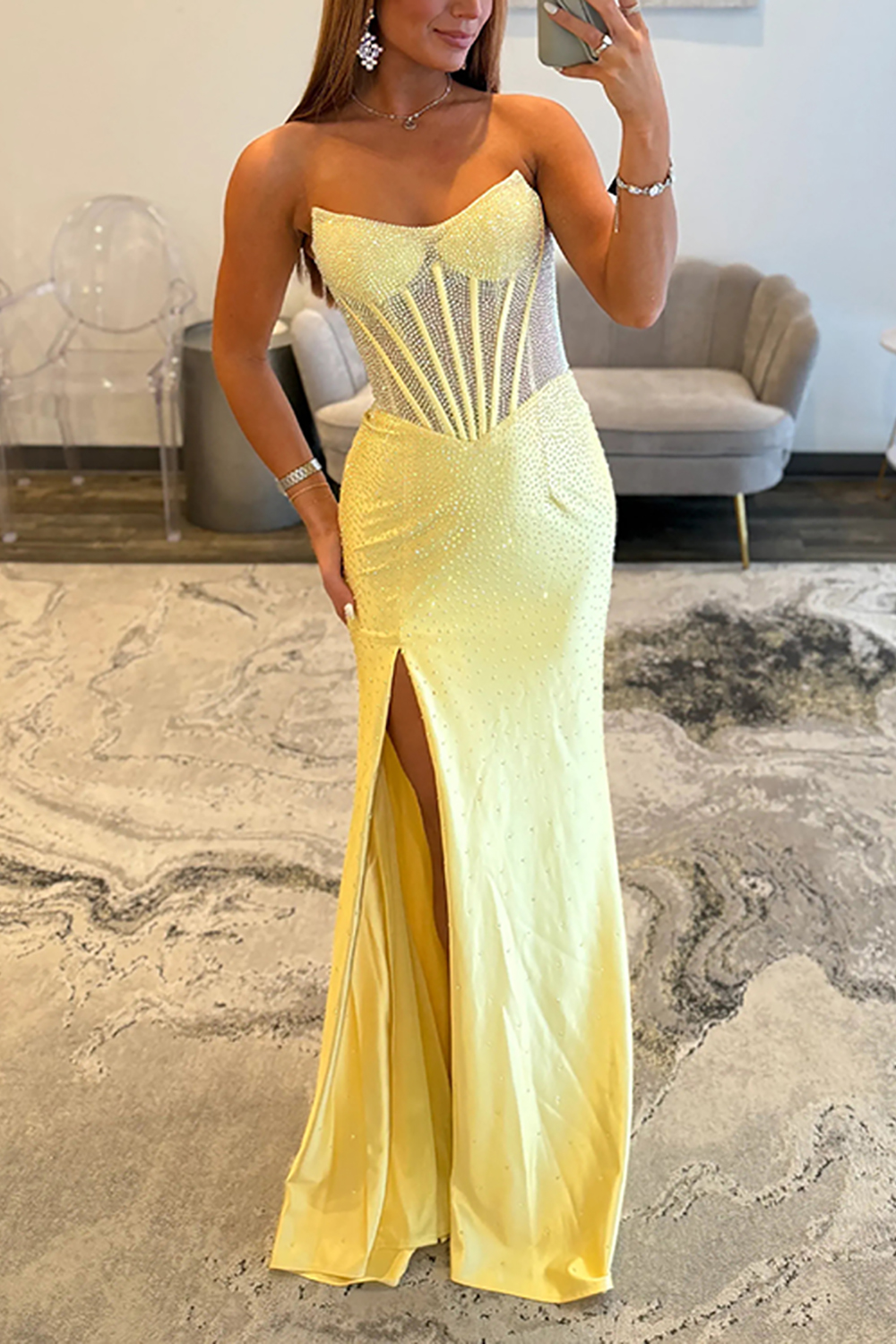 Sparkly Green Sheath Corset Strapless Long Prom Dress with Slit