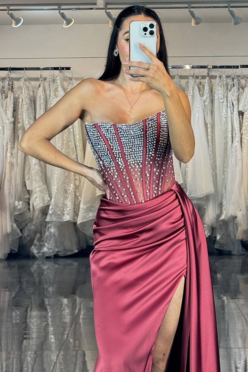 Sparkly Burgundy Mermaid Satin Beaded Strapless Long Prom Dress with Slit
