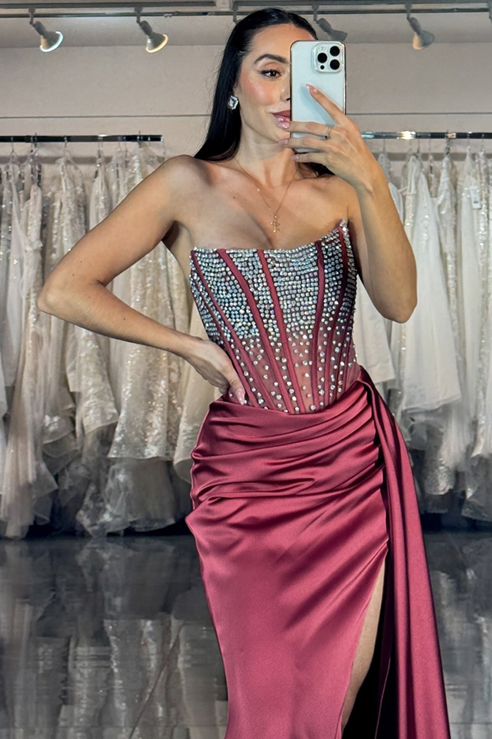 Sparkly Burgundy Mermaid Satin Beaded Strapless Long Prom Dress with Slit