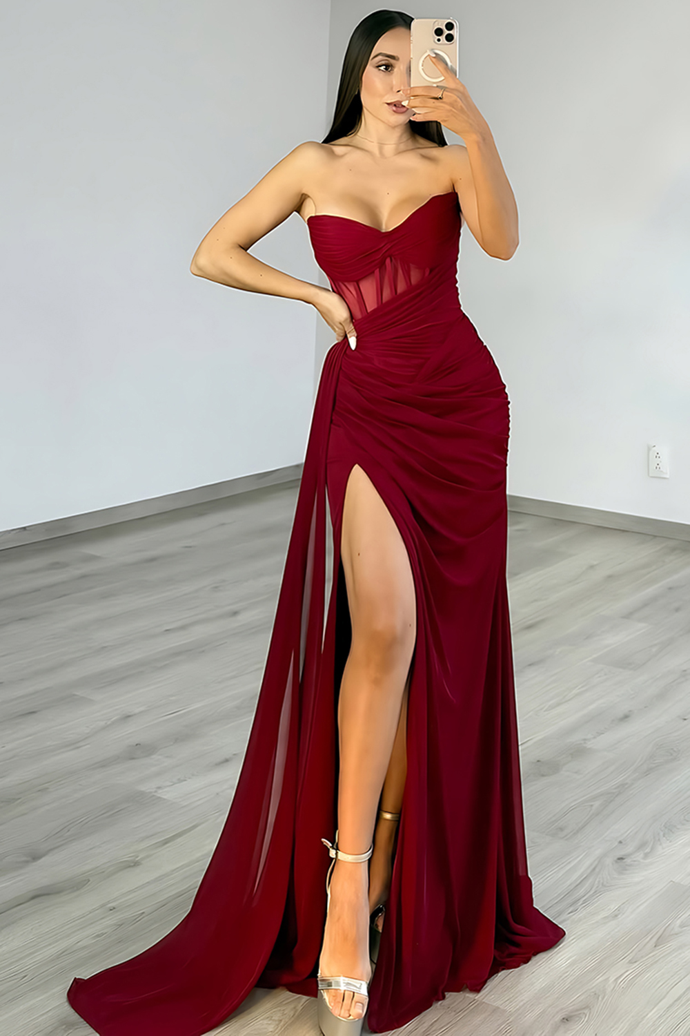 Burgundy Mermaid Sweetheart Corset Long Prom Dress with Sash