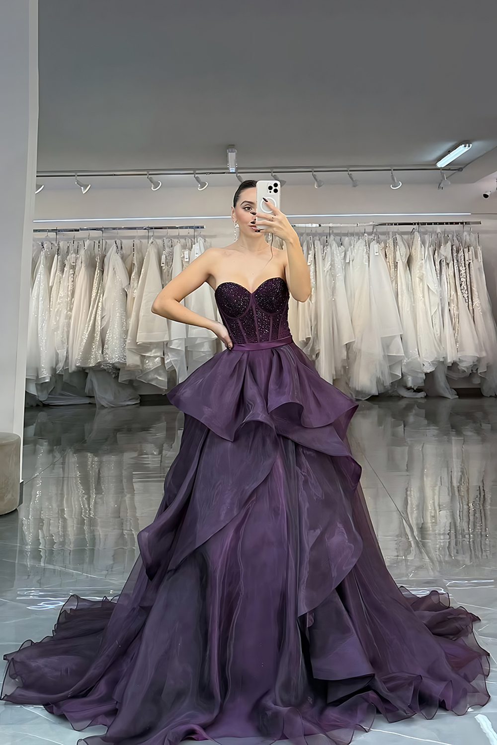 Sparkly Dark Purple A Line Beaded Long Corset Prom Dress with Ruffles