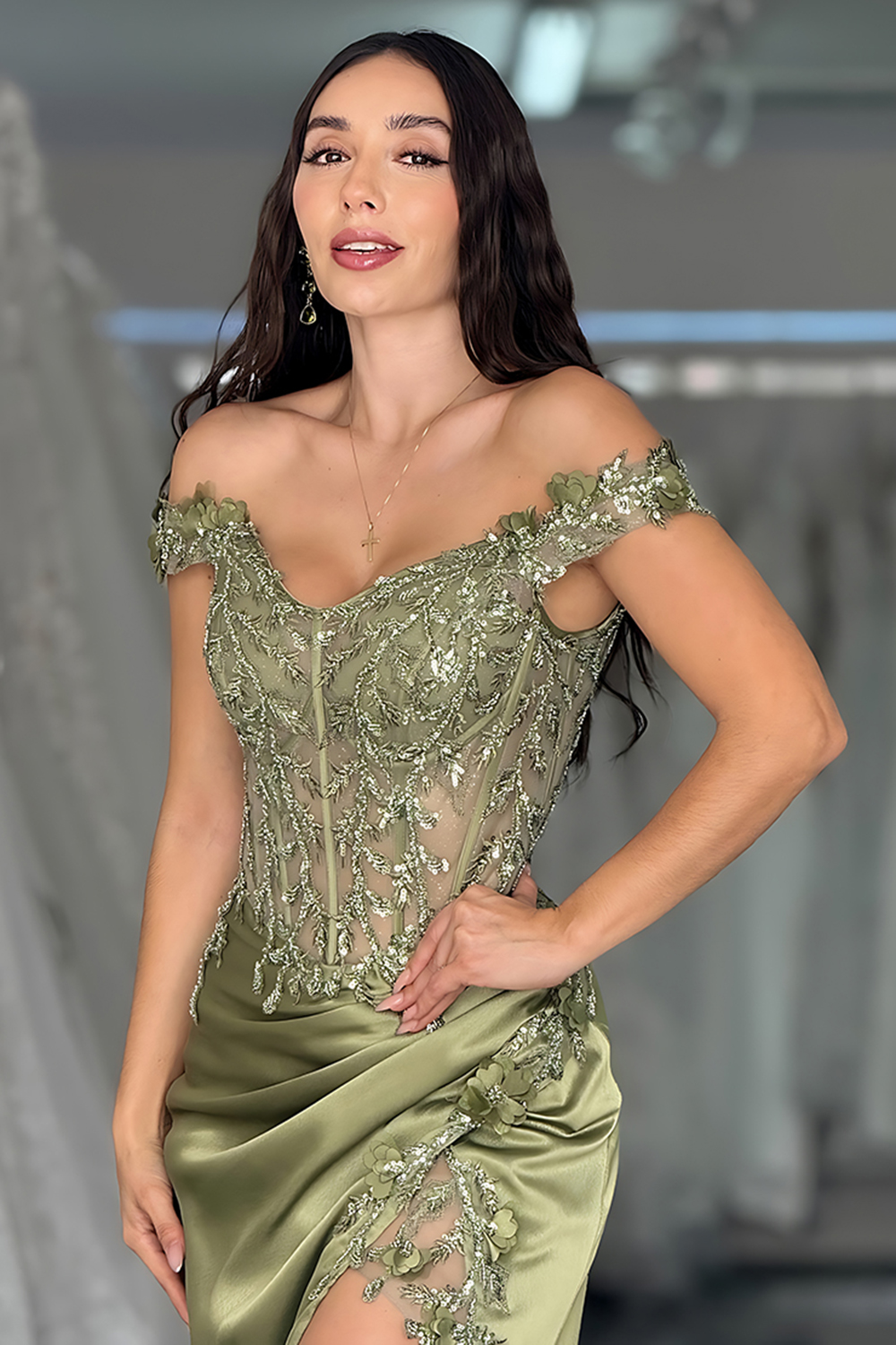 Green Off the Shoulder Satin Corset Long Prom Dress with Lace