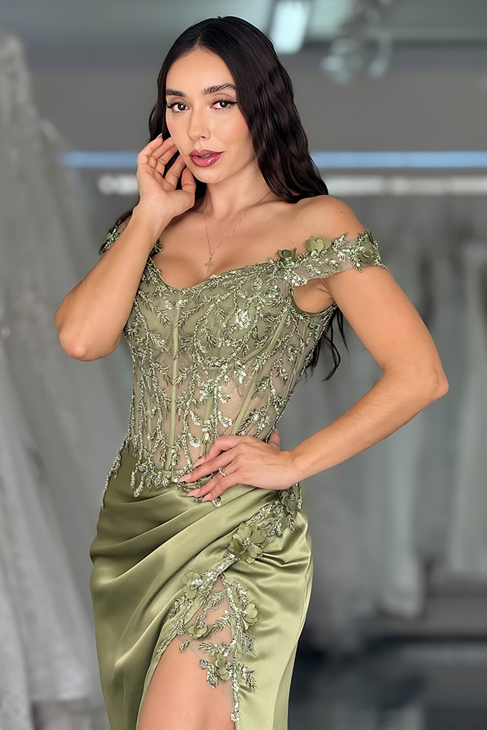 Green Off the Shoulder Satin Corset Long Prom Dress with Lace