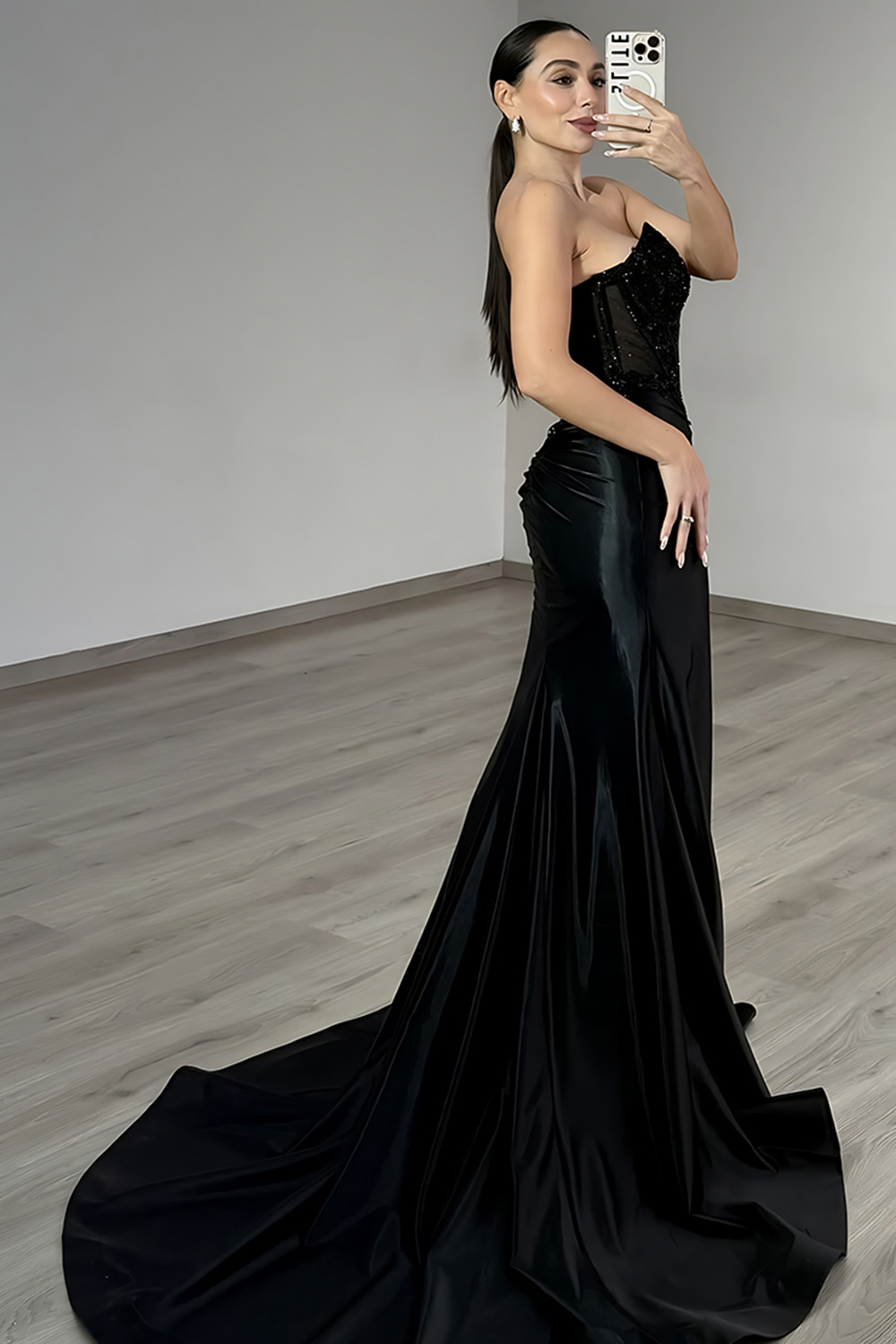 Sparkly Black Mermaid Beaded Satin Long Corset Prom Dress with Lace