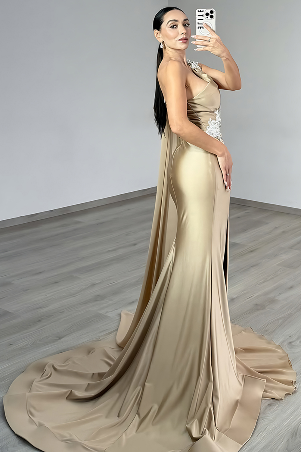 Sparkly Gold One Shoulder Mermaid Long Prom Dress with Slit