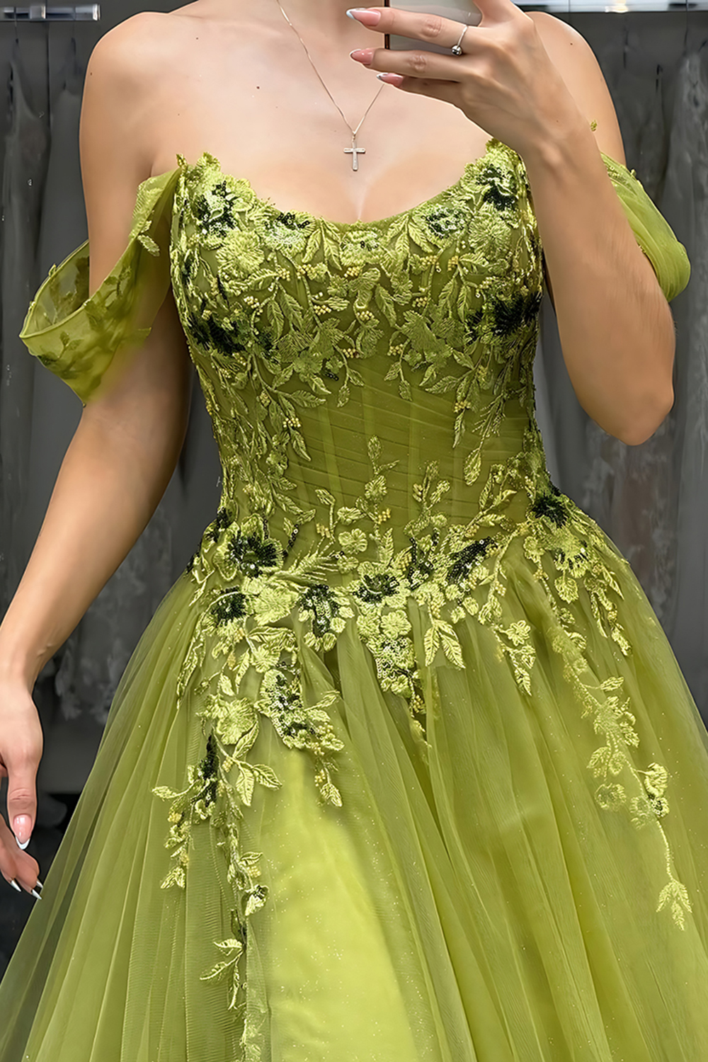 Green Off The Shoulder A-Line Long Corset Prom Dress with Lace