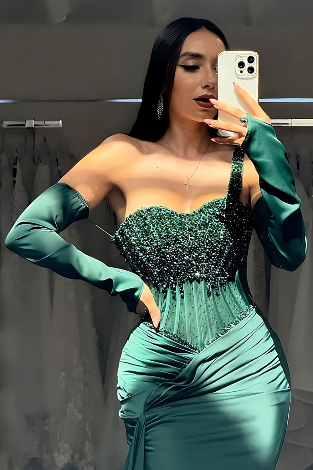 Sparkly Dark Green Beaded Mermaid One Shoulder Long Prom Dress with Slit