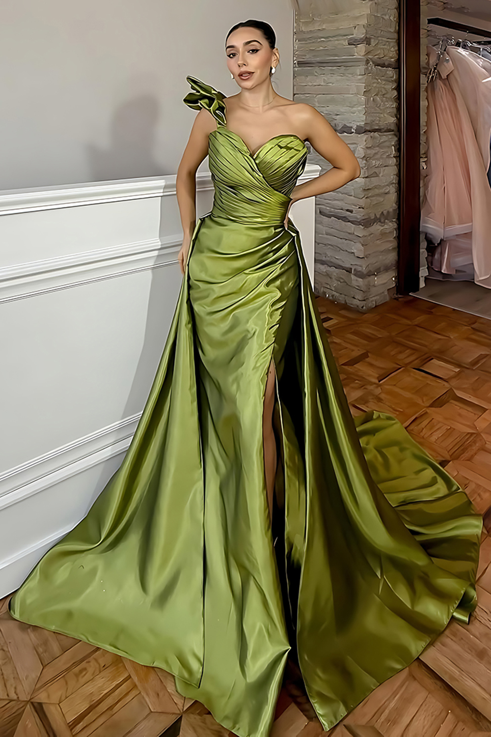 Green Satin Mermaid One Shoulder Long Prom Dress with Slit