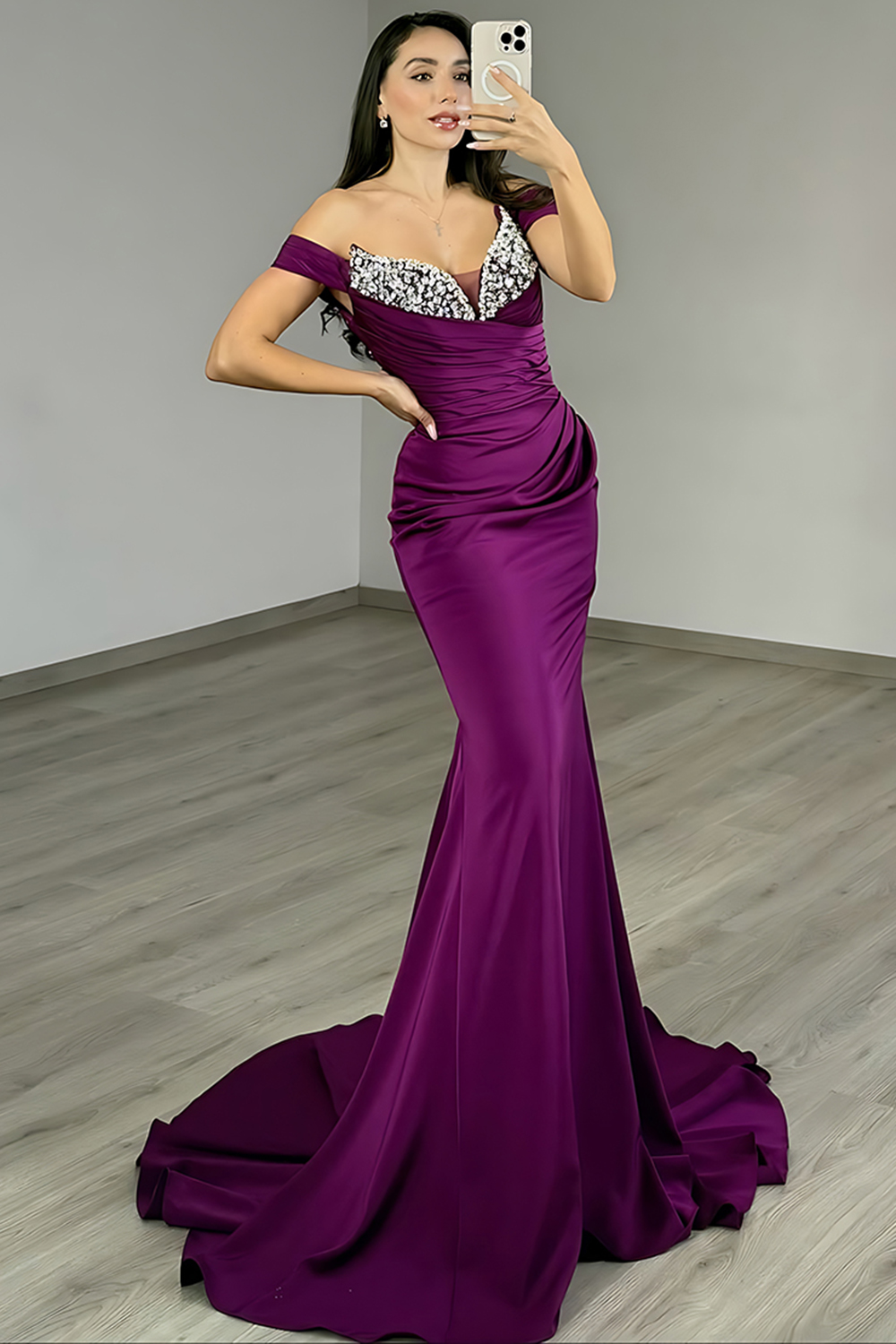 Sparkly Dark Purple Off The Shoulder Mermaid Long Prom Dress with Rhinestone