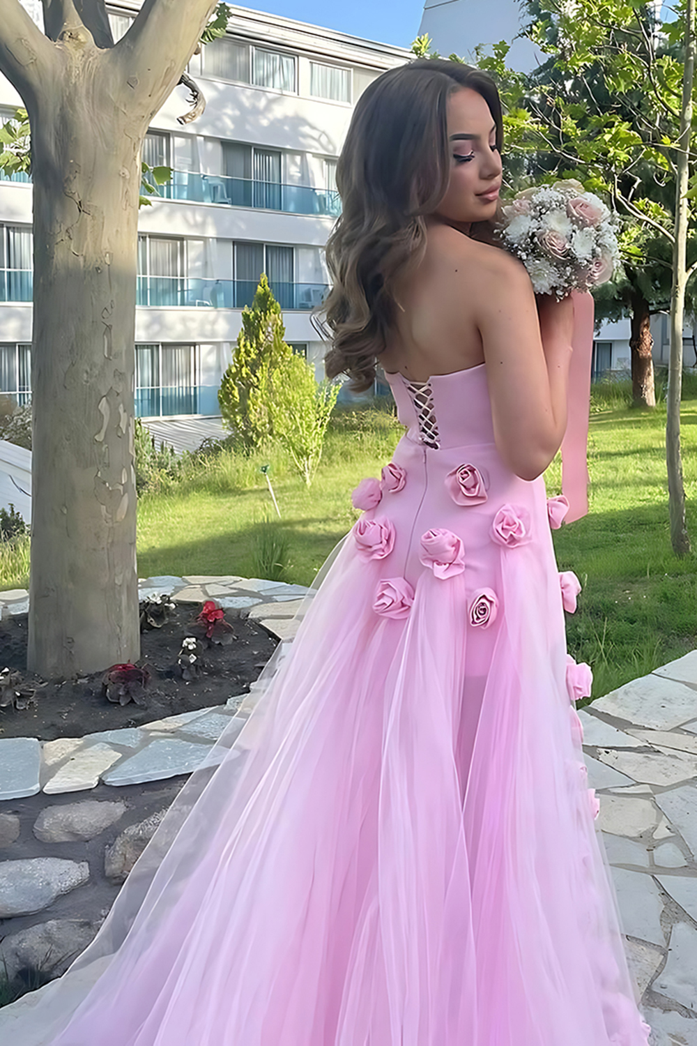 Pink Satin Strapless Sheath Long Prom Dress with 3D Flowers
