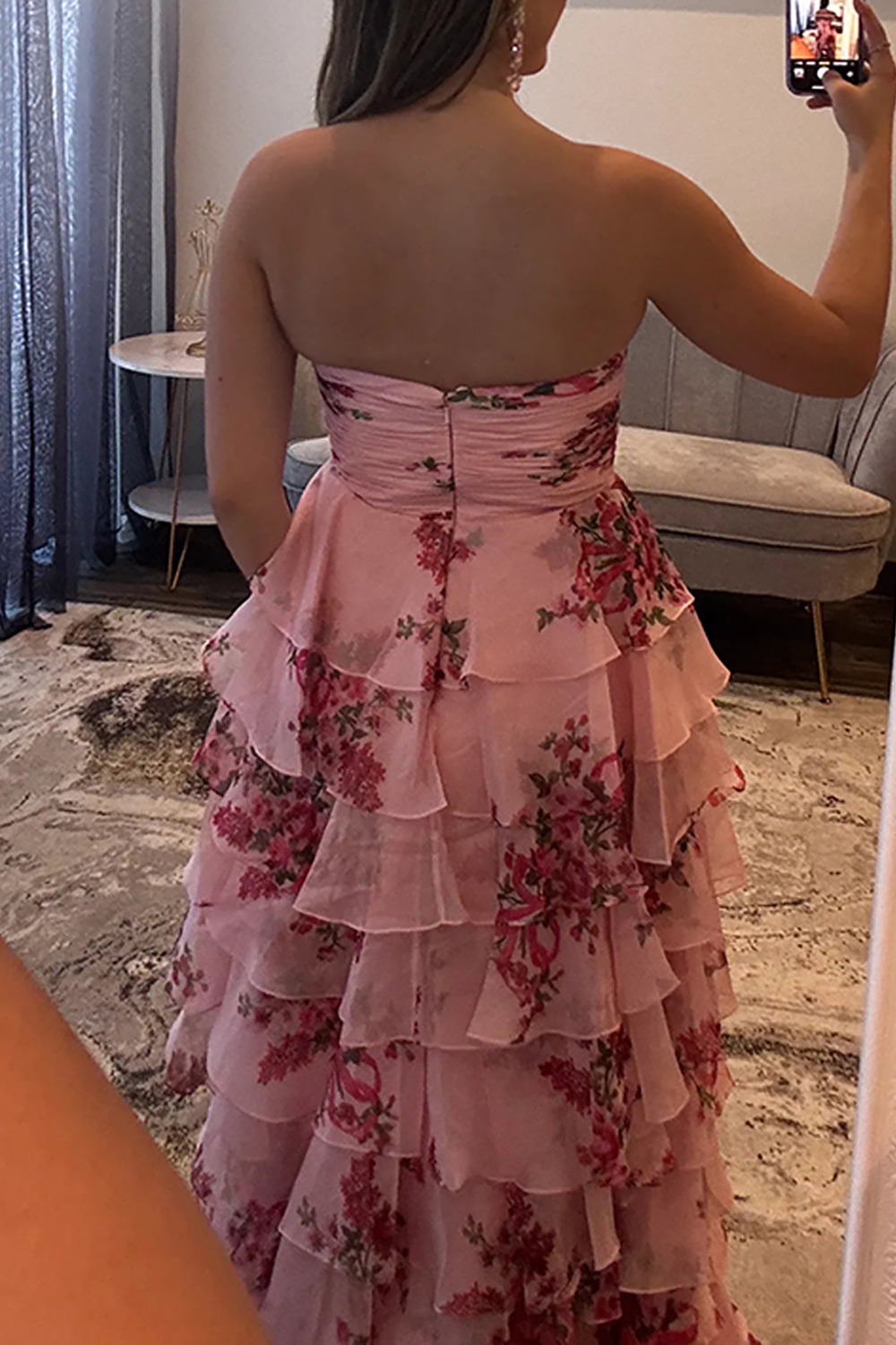 White Floral Sweetheart Tiered Ruffled Long Prom Dress with Bow