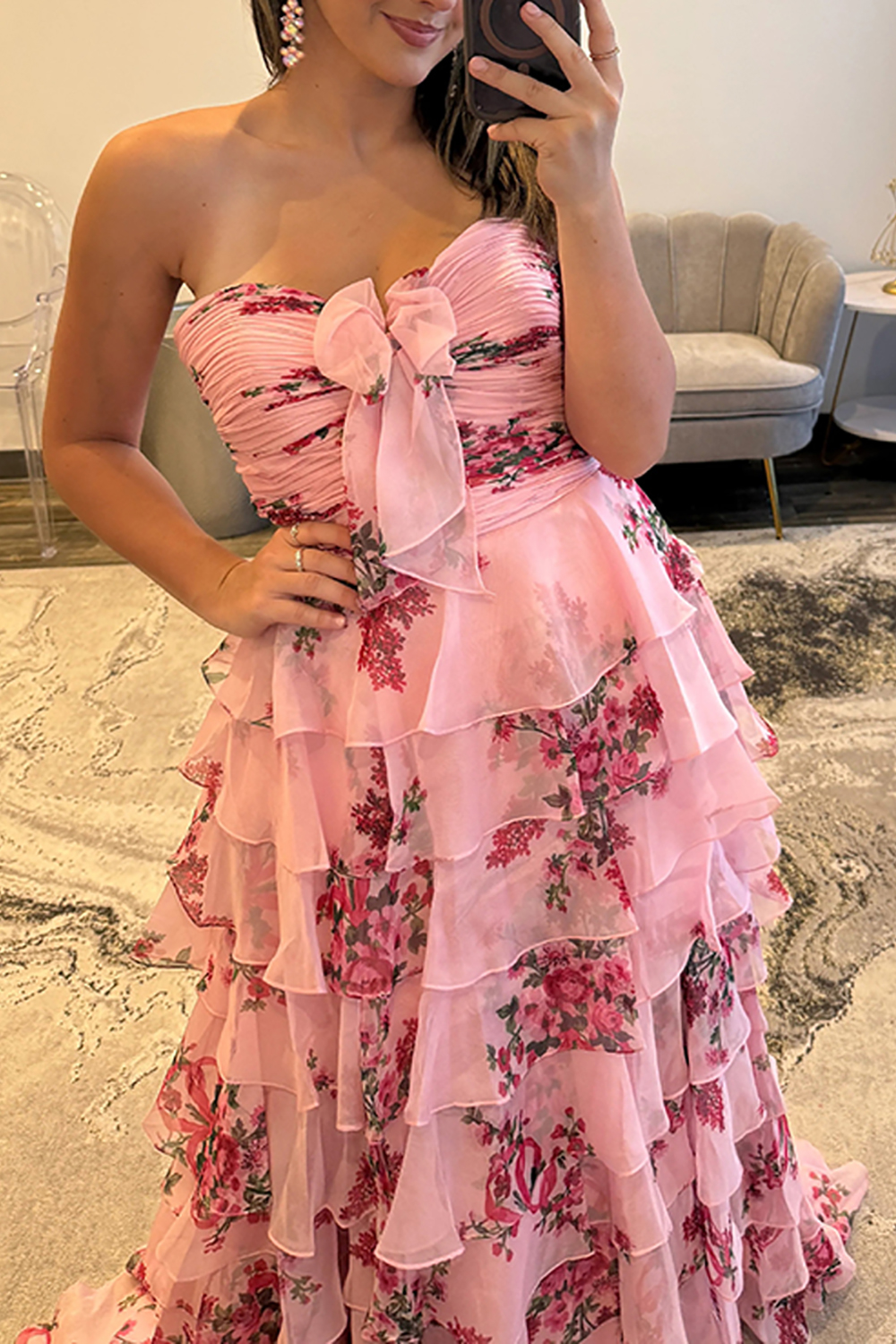 White Floral Sweetheart Tiered Ruffled Long Prom Dress with Bow