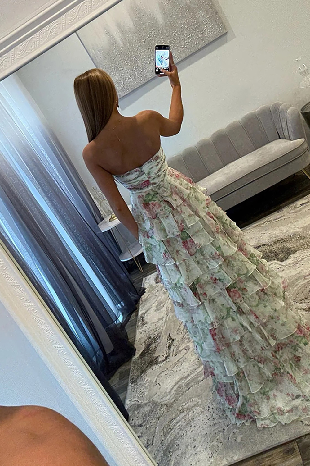 White Floral Sweetheart Tiered Ruffled Long Prom Dress with Bow