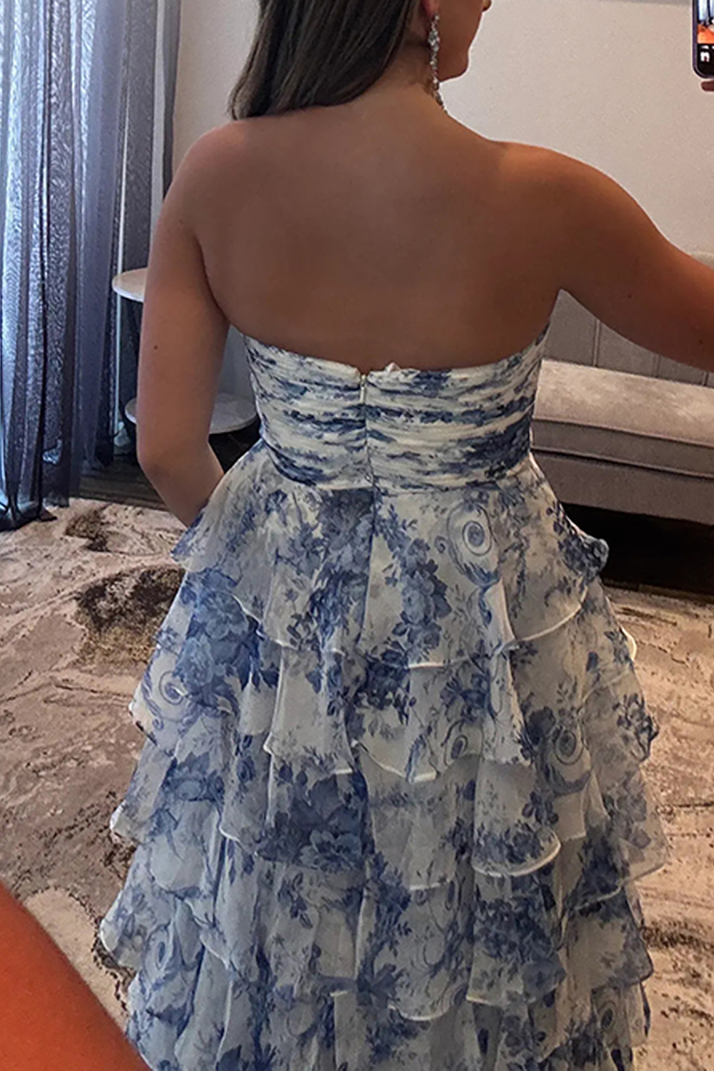 White Blue Flower Sweetheart Tiered A Line Long Prom Dress with Bow