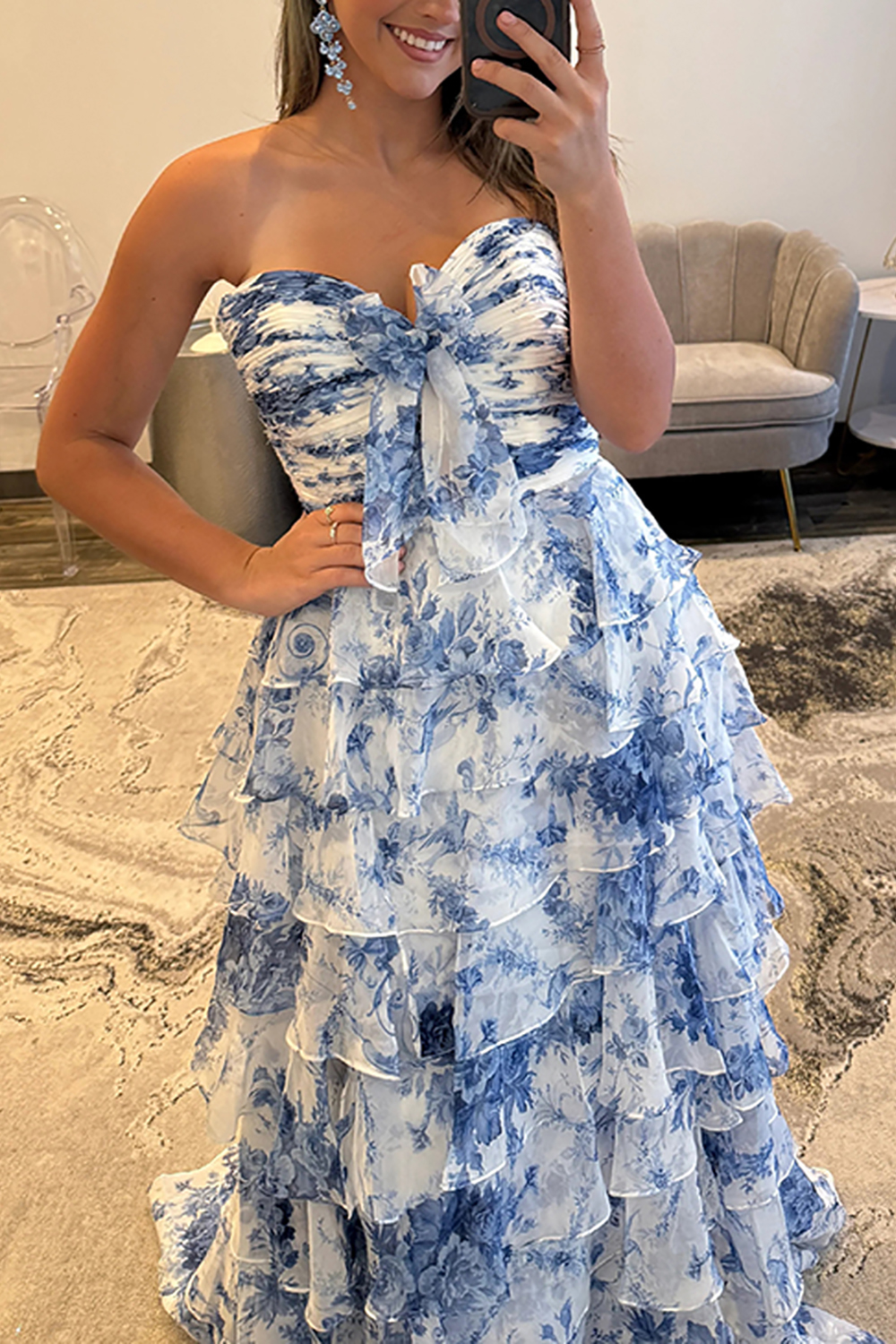 White Blue Flower Sweetheart Tiered A Line Long Prom Dress with Bow