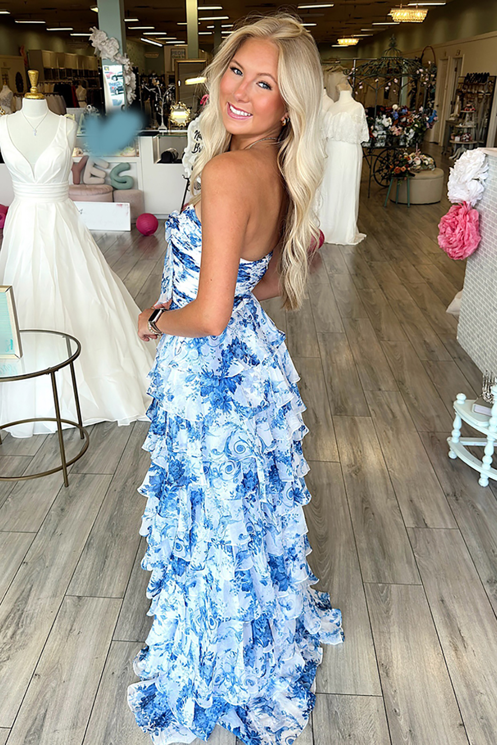 White Floral Sweetheart Tiered Ruffled Long Prom Dress with Bow