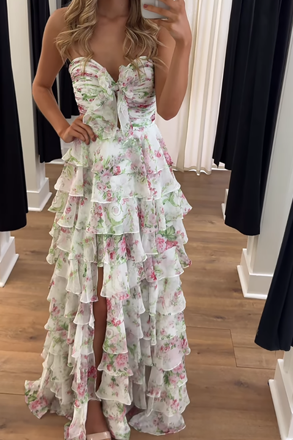White and Purple Floral Ruffled Strapless A Line Long Prom Dress with Slit