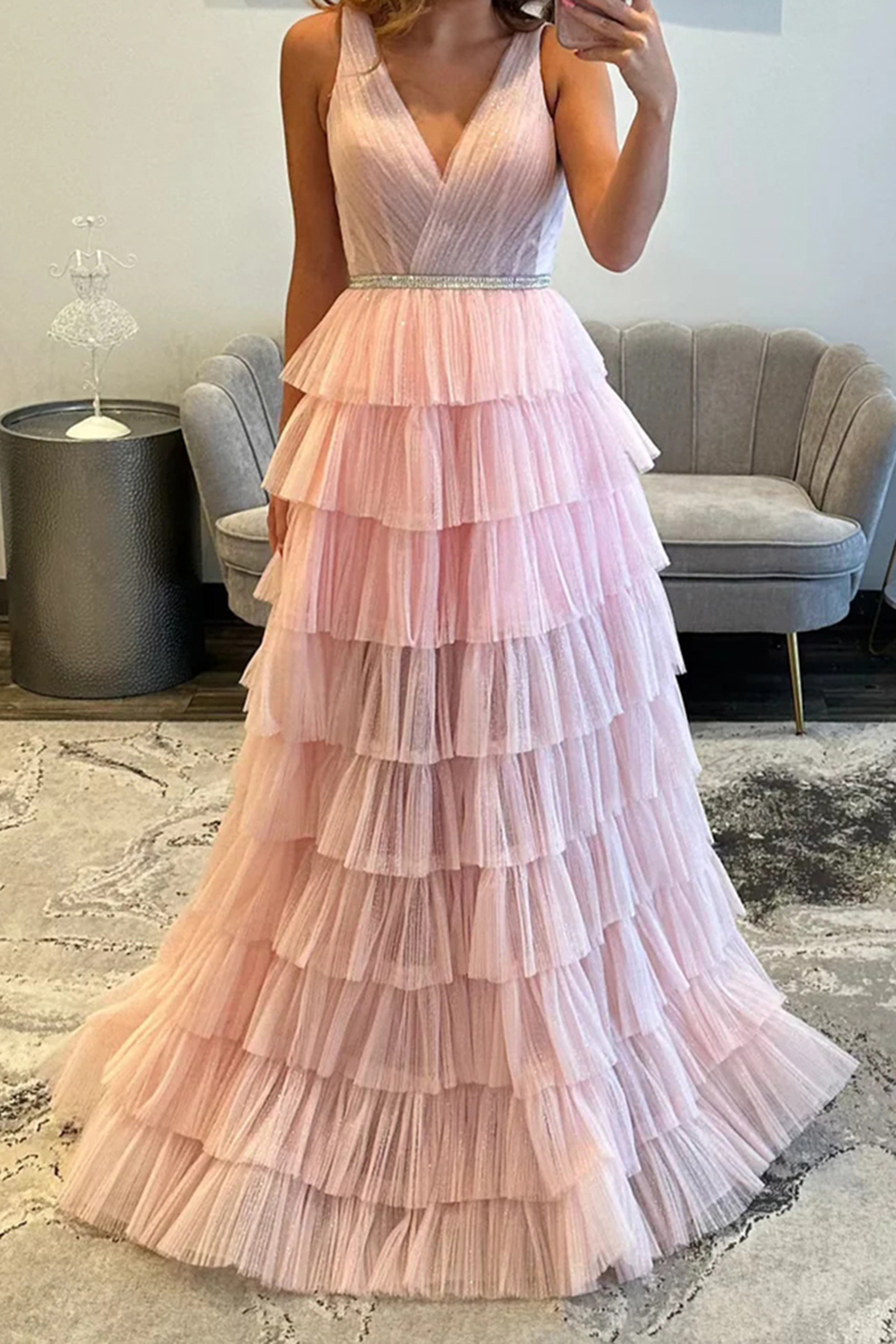 Blush V-Neck Tiered Ruffled Pleated Long Prom Dress