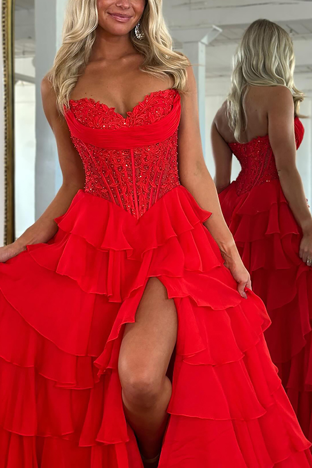 Blue A-Line Sweetheart Tiered Ruffled Long Corset Prom Dress with Lace