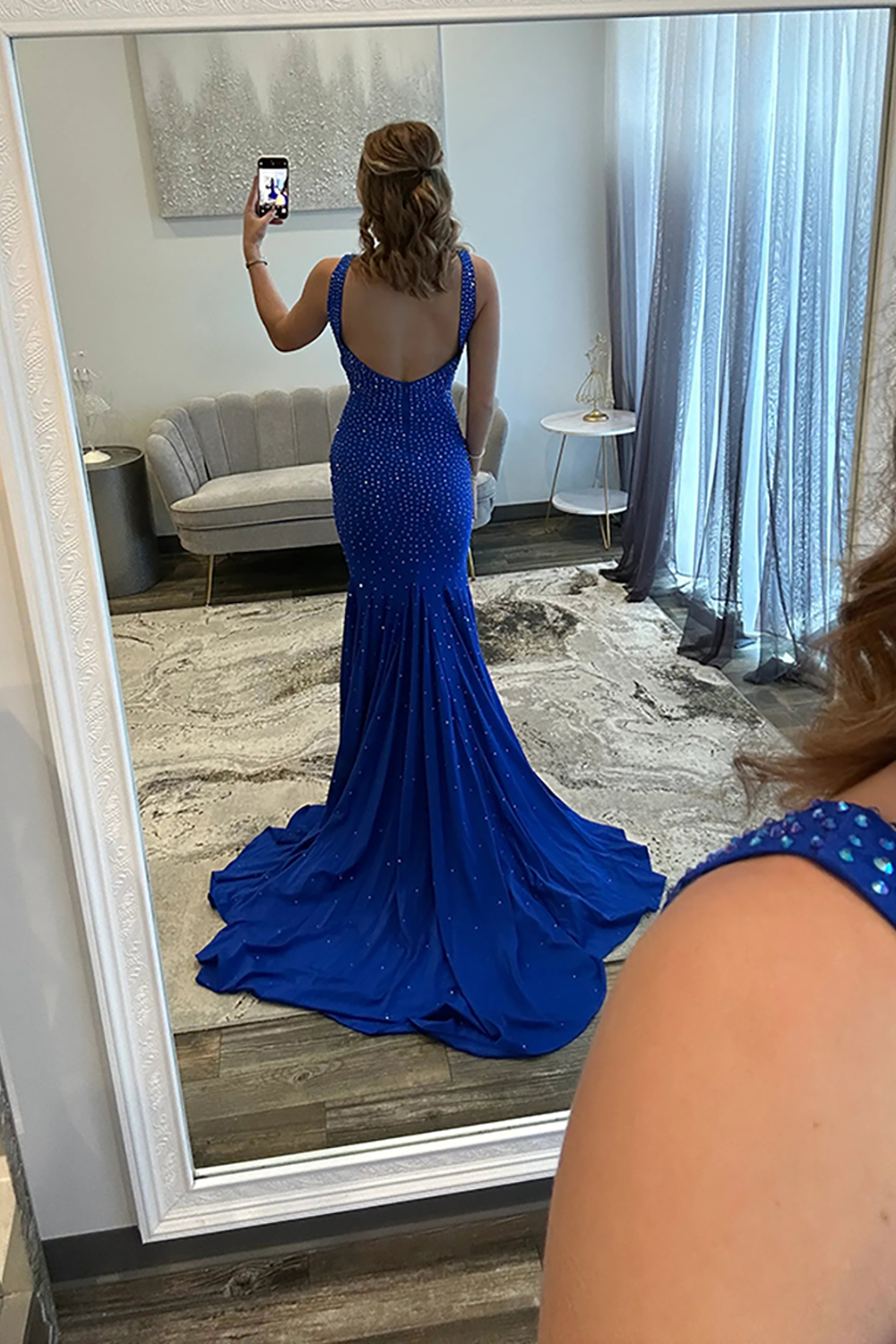 Sparkly Royal Blue Mermaid V-Neck Beaded Long Prom Dress with Slit