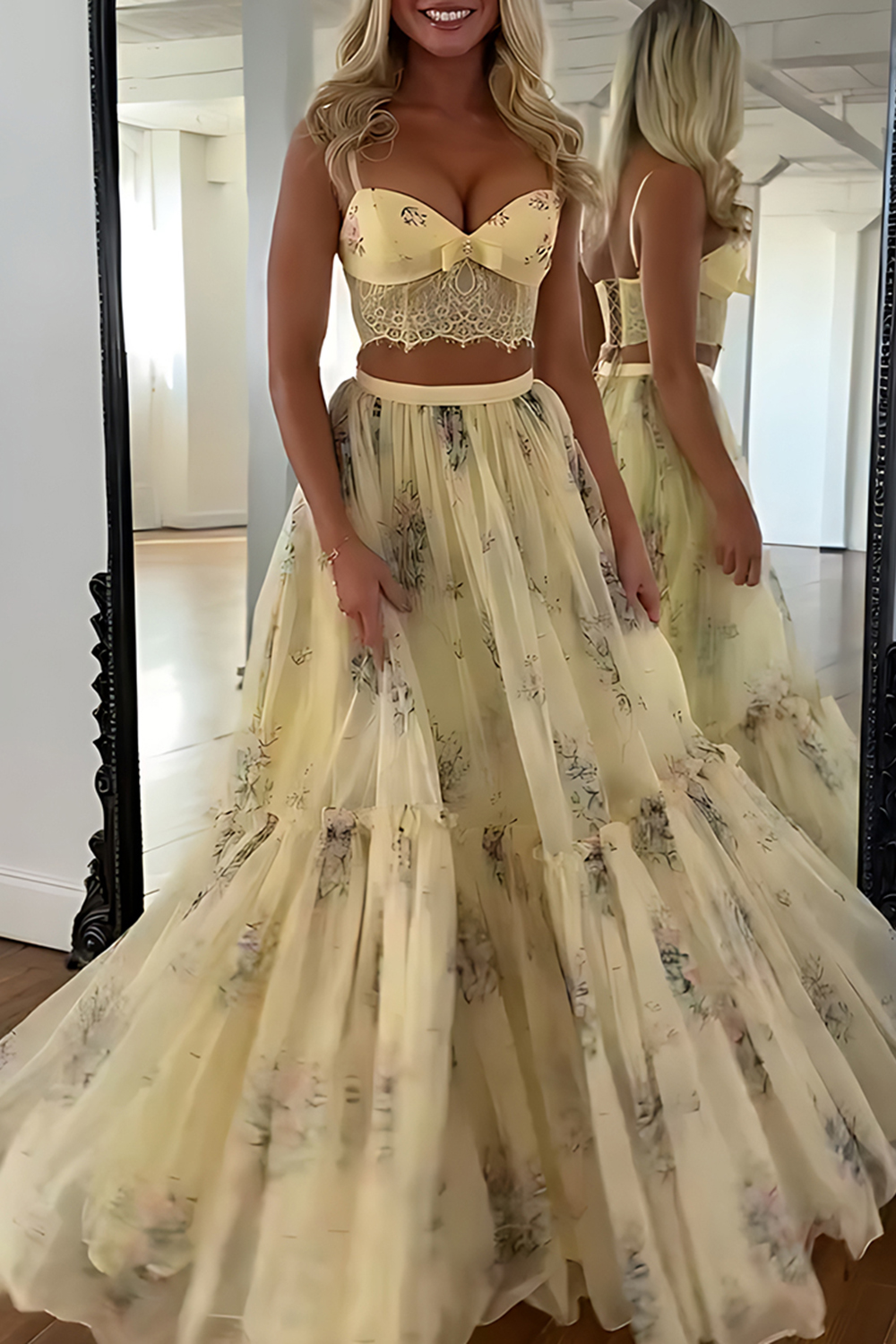 Blue Floral Spaghetti Straps A-Line Ruffled 2 Piece Corset Prom Dress