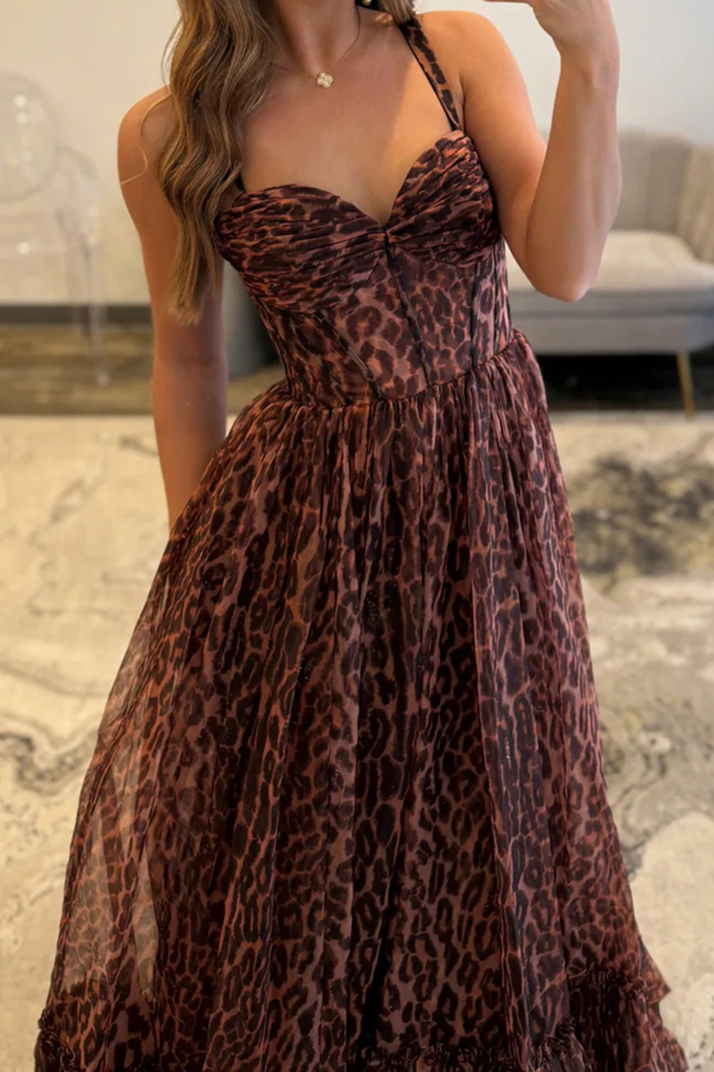 Coffee Leapord A Line Corset Ruffled Long Prom Dress