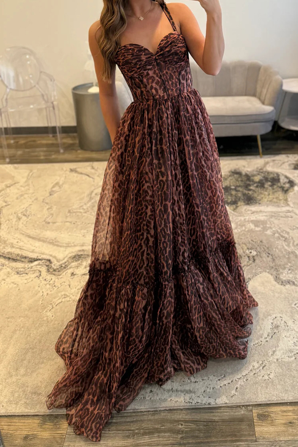 Coffee Leapord A Line Corset Ruffled Long Prom Dress
