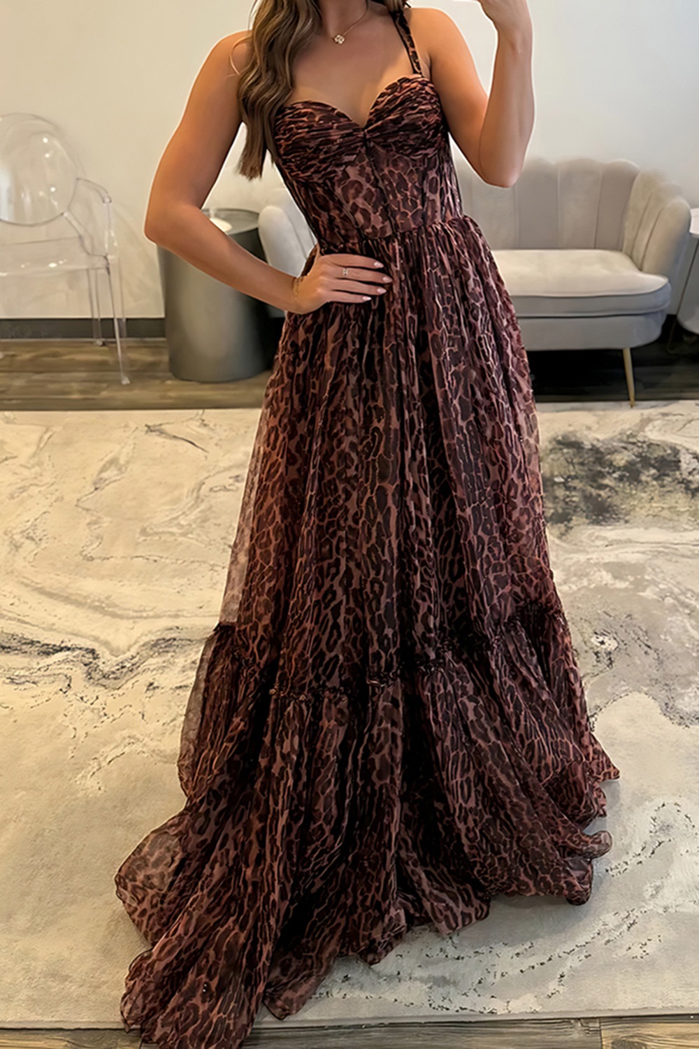 Coffee Leapord A Line Corset Ruffled Long Prom Dress
