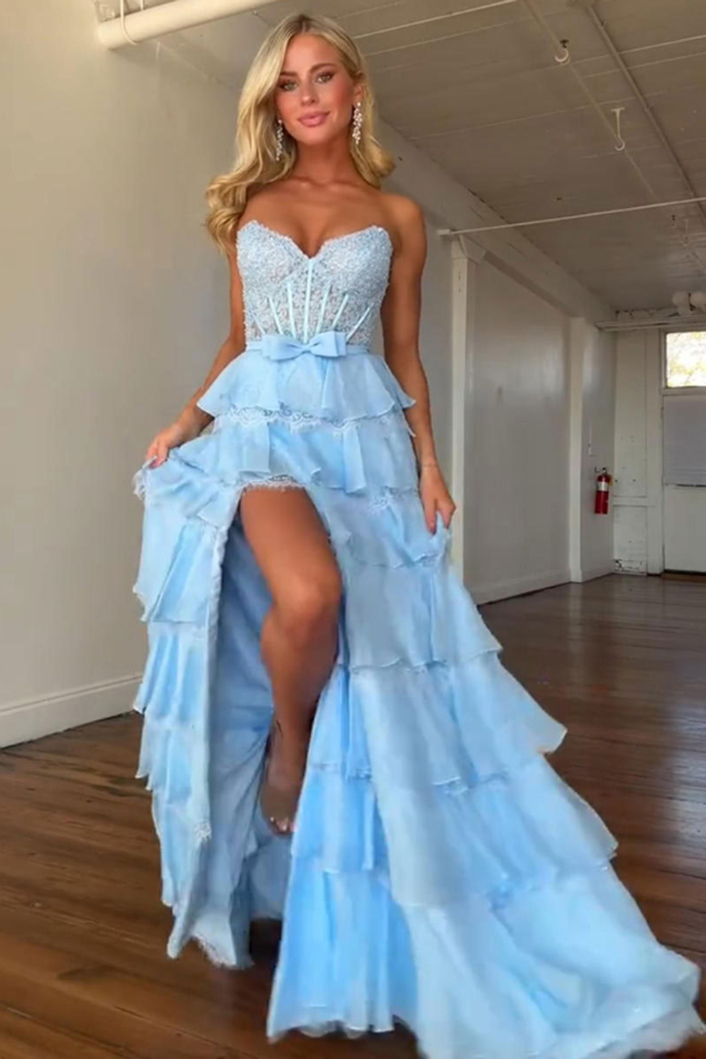 Blush Sweetheart Lace Tiered Ruffled Long Corset Prom Dress with Slit