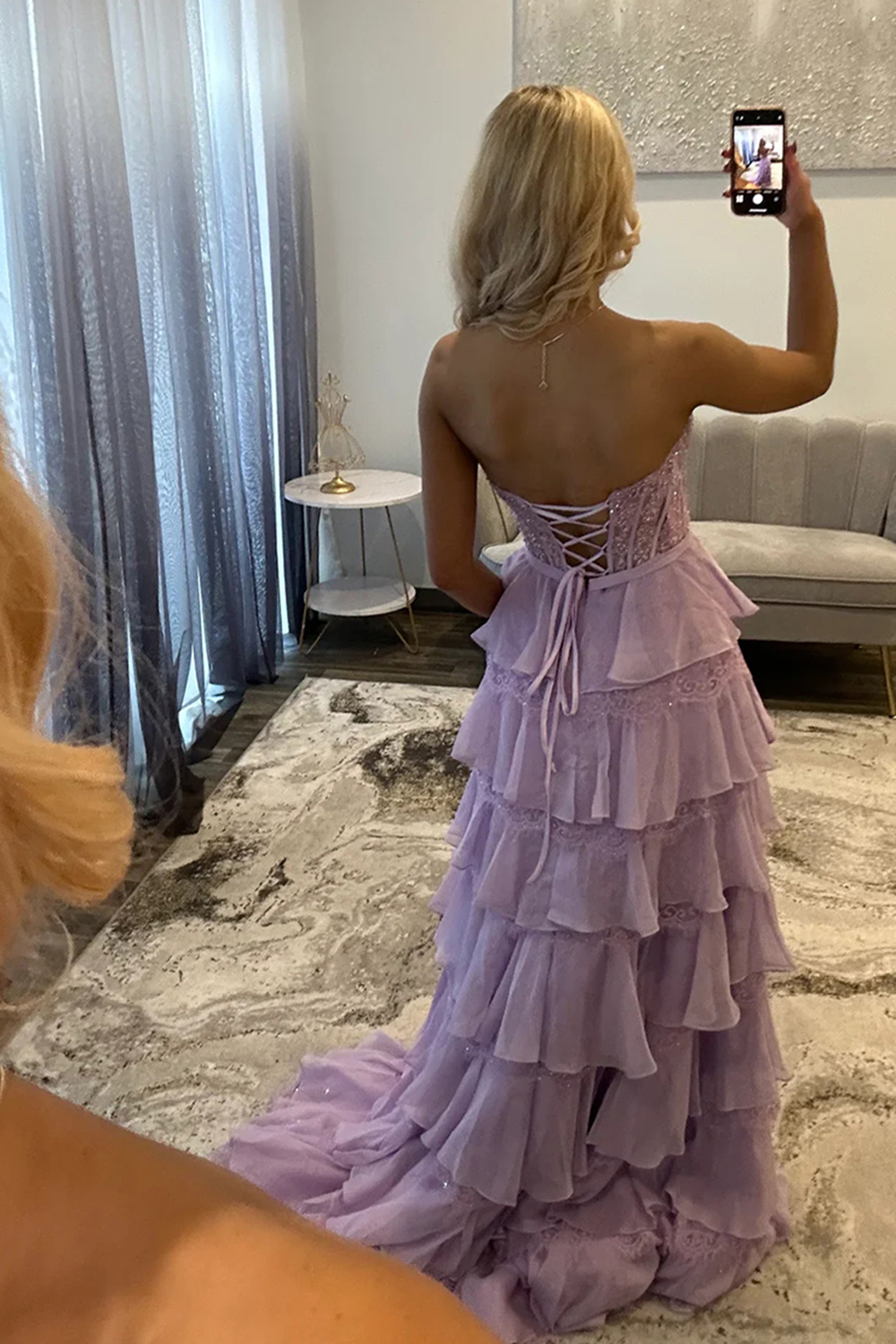 Blush Sweetheart Lace Tiered Ruffled Long Corset Prom Dress with Slit