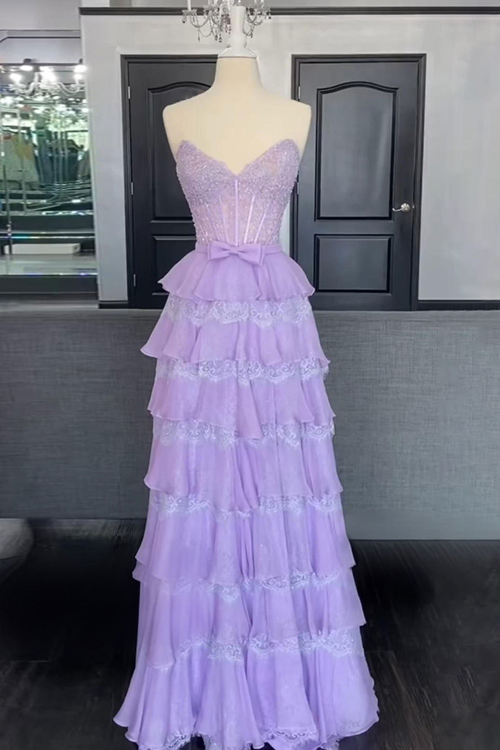 Blush Sweetheart Lace Tiered Ruffled Long Corset Prom Dress with Slit