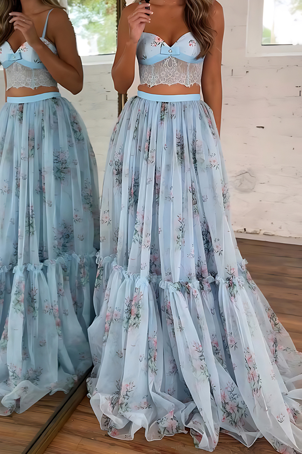 Blue Floral Spaghetti Straps A-Line Ruffled 2-Piece Corset Prom Dress