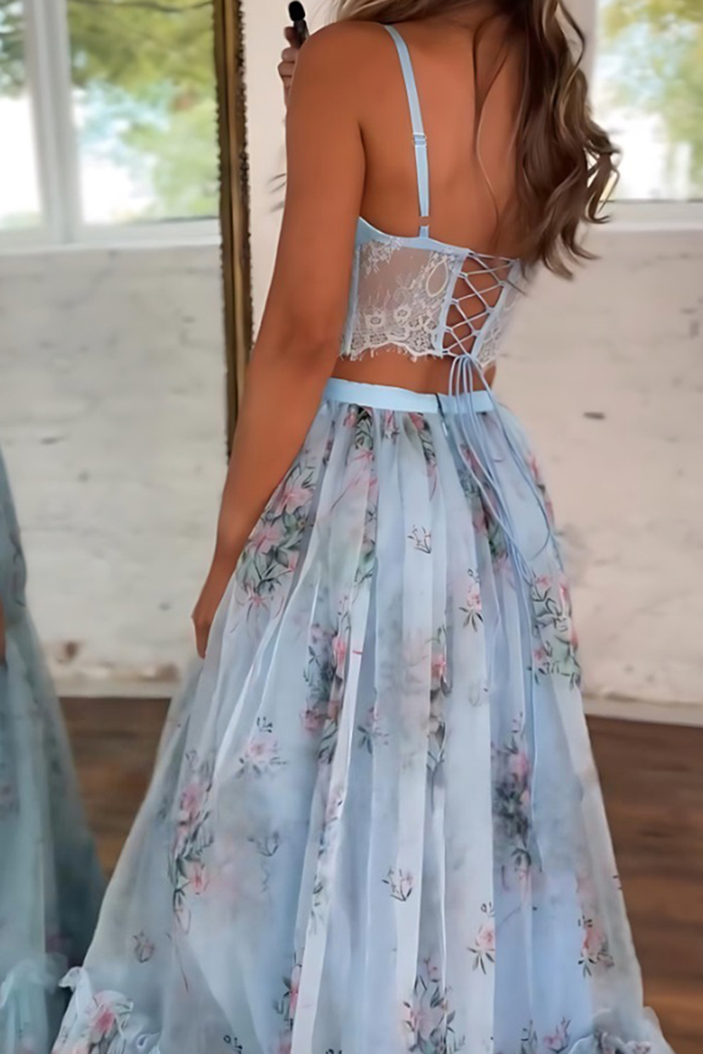 Blue Floral Spaghetti Straps A-Line Ruffled 2-Piece Corset Prom Dress