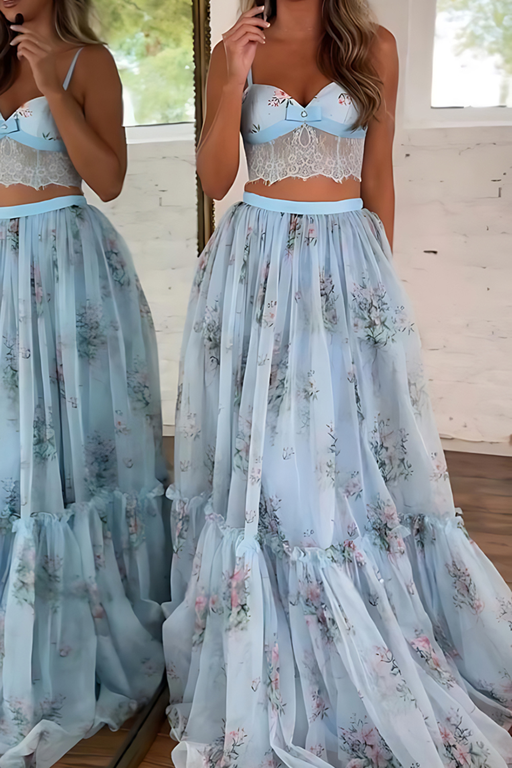 Blue Floral Spaghetti Straps A-Line Ruffled 2-Piece Corset Prom Dress