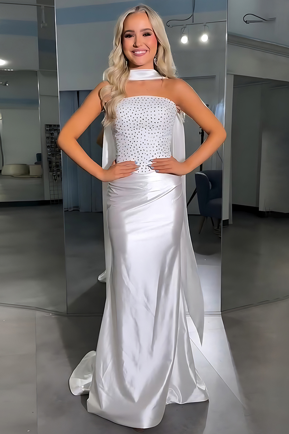 Sparkly White Sheath Satin Strapless Long Prom Dress with Beading
