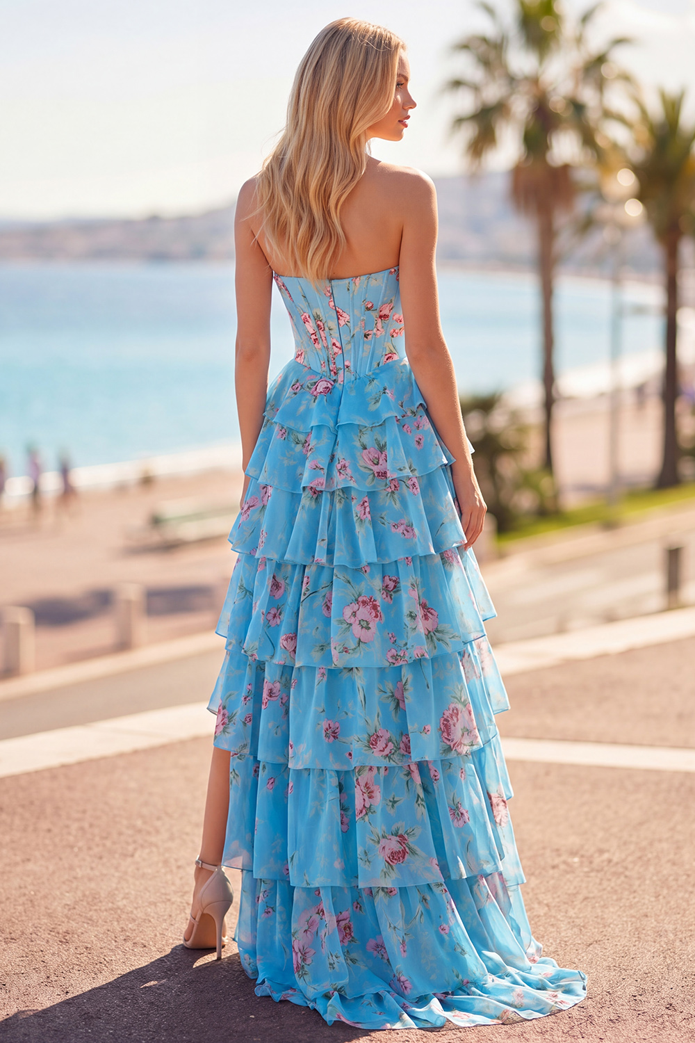 Sparkly Dark Blue Floral Corset Ruffled Long Prom Dress with Slit