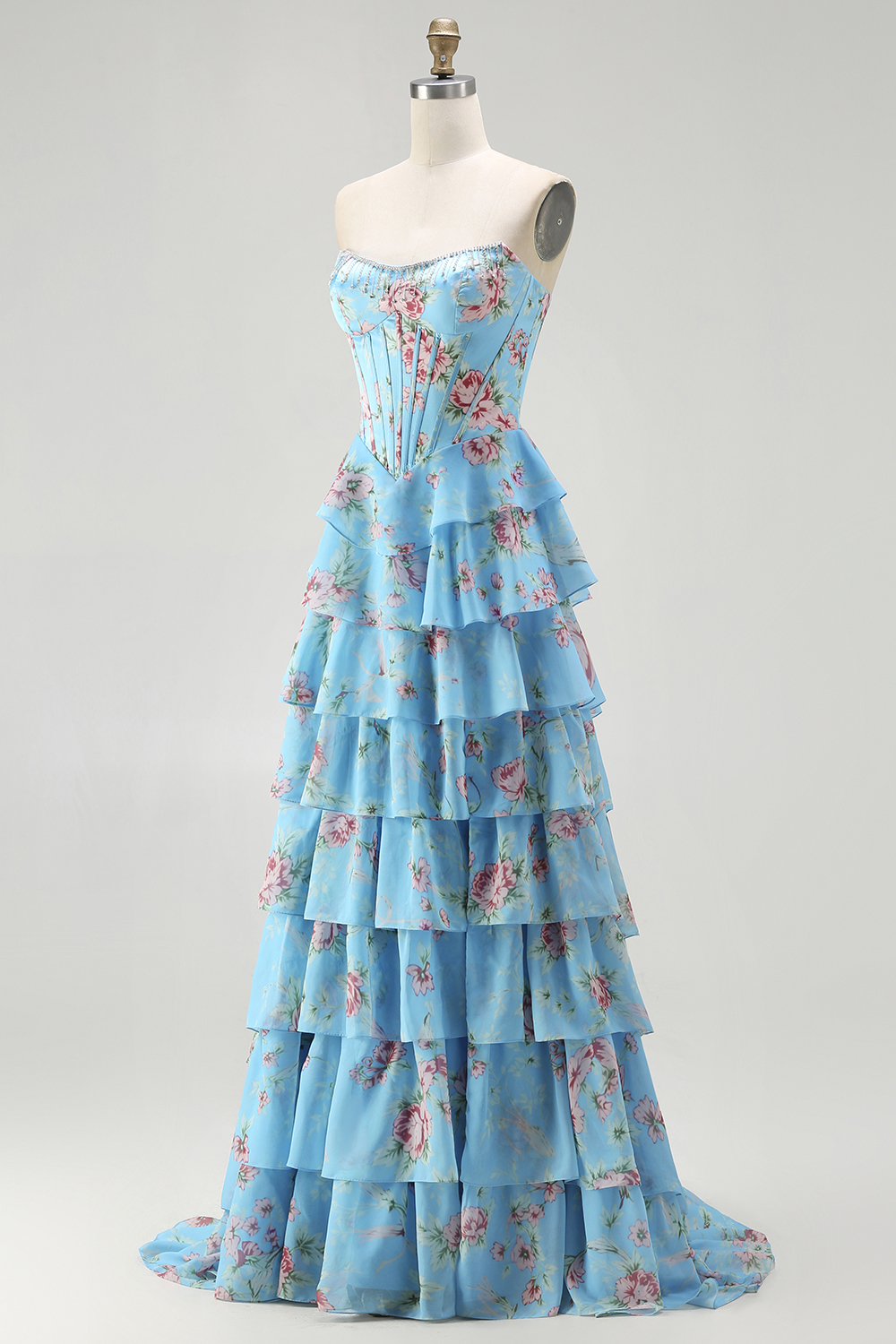 Sparkly Blue Corset Tiered Ball Gown Long Floral Prom Dress with Slit