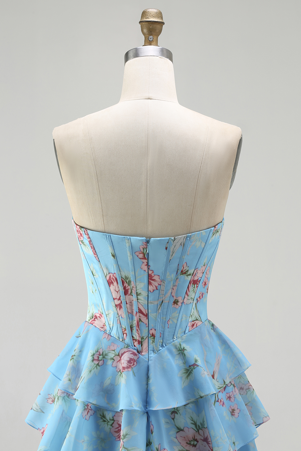 Sparkly Blue Corset Tiered Ball Gown Long Floral Prom Dress with Slit