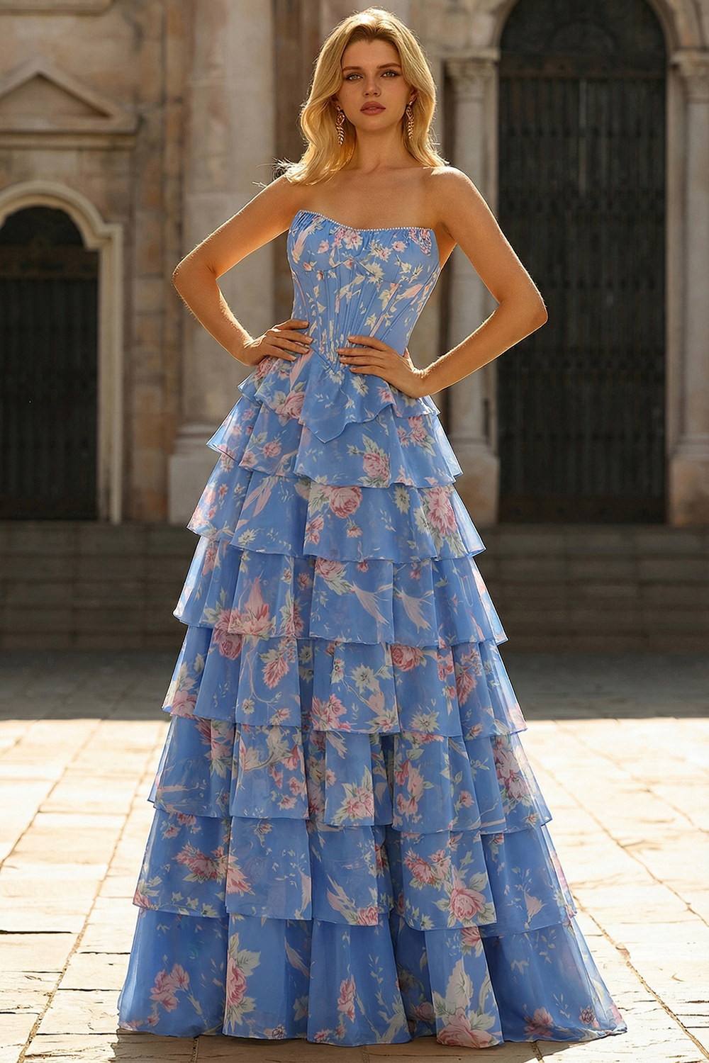 Sparkly Blue Corset Tiered Ball Gown Long Floral Prom Dress with Slit