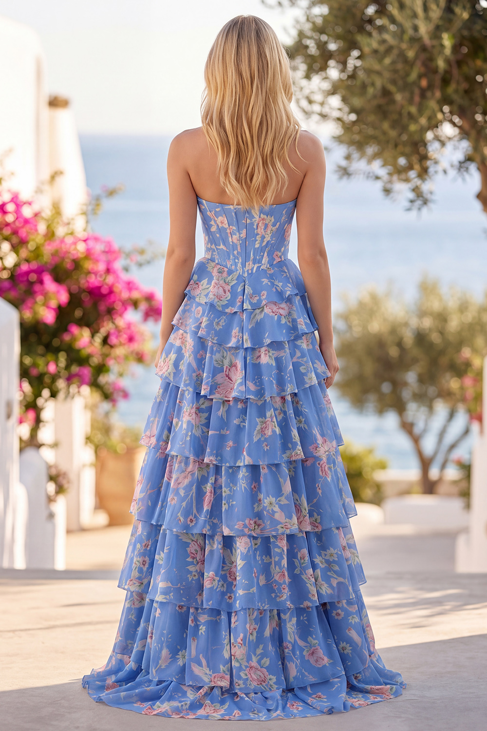 Sparkly Dark Blue Floral Corset Ruffled Long Prom Dress with Slit